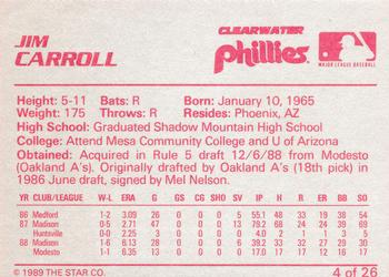 1989 Star Clearwater Phillies #4 Jim Carroll Back