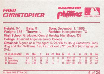 1989 Star Clearwater Phillies #6 Fred Christopher Back