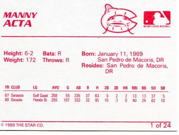 1989 Star Columbus Mudcats #1 Manny Acta Back