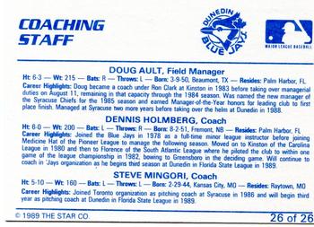 1989 Star Dunedin Blue Jays #26 Coaching Staff (Doug Ault / Dennis Holmberg / Steve Mingori) Back
