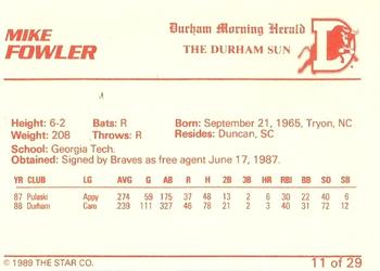 1989 Star Durham Bulls II #11 Mike Fowler Back