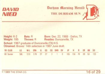 1989 Star Durham Bulls II #16 David Nied Back