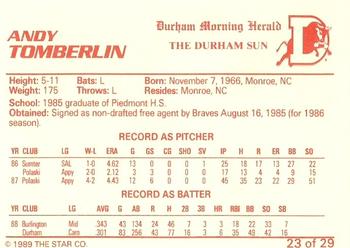 1989 Star Durham Bulls II #23 Andy Tomberlin Back