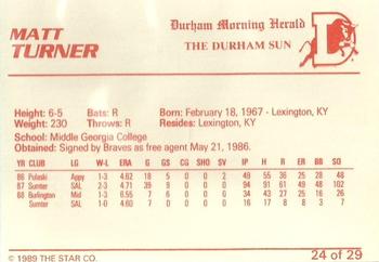 1989 Star Durham Bulls II #24 Matt Turner Back