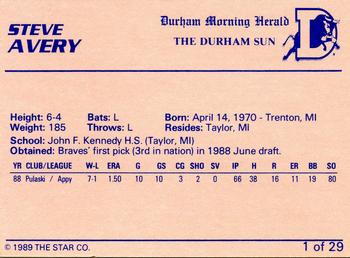 1989 Star Durham Bulls I #1 Steve Avery Back