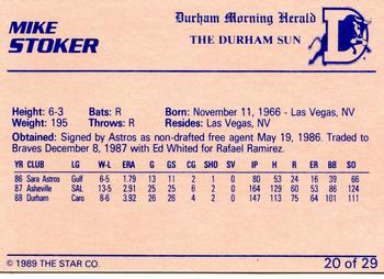 1989 Star Durham Bulls I #20 Mike Stoker Back