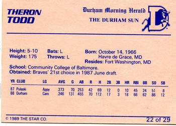 1989 Star Durham Bulls I #22 Theron Todd Back