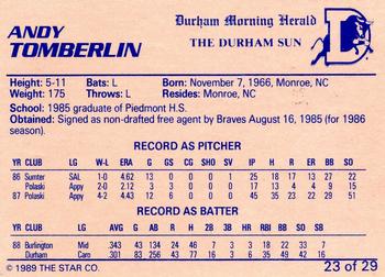 1989 Star Durham Bulls I #23 Andy Tomberlin Back