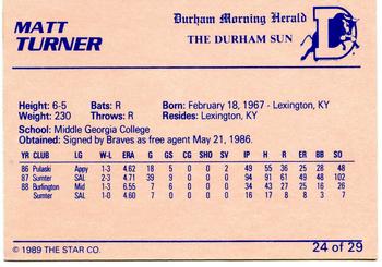1989 Star Durham Bulls I #24 Matt Turner Back