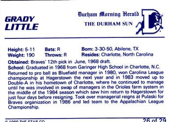 1989 Star Durham Bulls I #26 Grady Little Back