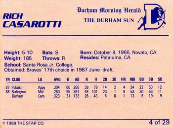 1989 Star Durham Bulls I #4 Rich Casarotti Back