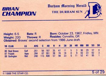 1989 Star Durham Bulls I #5 Brian Champion Back