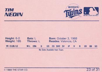 1989 Star Elizabethton Twins #23 Tim Nedin Back