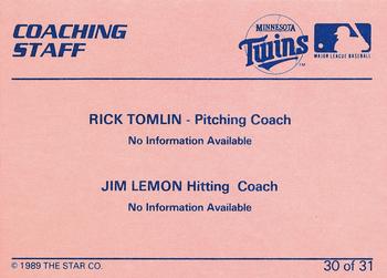 1989 Star Elizabethton Twins #30 Coaching Staff (Rick Tomlin / Jim Lemon) Back