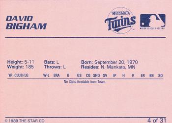 1989 Star Elizabethton Twins #4 David Bigham Back