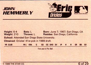 1989 Star Erie Orioles #6 John Hemmerly Back