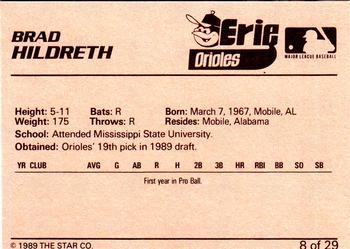 1989 Star Erie Orioles #8 Brad Hildreth Back