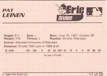 1989 Star Erie Orioles #11 Pat Leinen Back