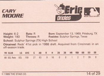 1989 Star Erie Orioles #14 Cary Moore Back