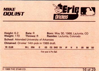 1989 Star Erie Orioles #16 Mike Oquist Back