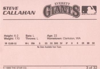 1989 Star Everett Giants #3 Steve Callahan Back