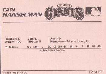 1989 Star Everett Giants #12 Carl Hanselman Back
