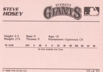 1989 Star Everett Giants #15 Steve Hosey Back