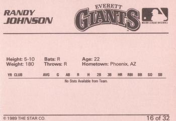 1989 Star Everett Giants #16 Randy Johnson Back