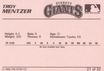 1989 Star Everett Giants #21 Troy Mentzer Back