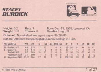 1989 Star Frederick Keys #1 Stacey Burdick Back