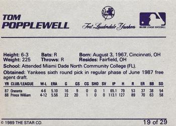 1989 Star Ft. Lauderdale Yankees #19 Tom Popplewell Back
