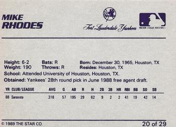 1989 Star Ft. Lauderdale Yankees #20 Mike Rhodes Back