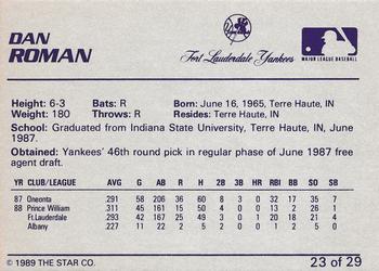 1989 Star Ft. Lauderdale Yankees #23 Dan Roman Back