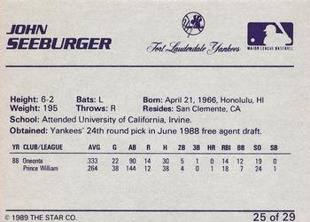 1989 Star Ft. Lauderdale Yankees #25 John Seeburger Back