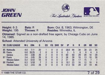 1989 Star Ft. Lauderdale Yankees #7 John Green Back