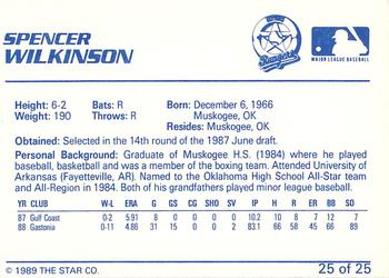 1989 Star Gastonia Rangers #25 Spencer Wilkinson Back