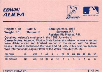 1989 Star Greenville Braves #1 Edwin Alicea Back