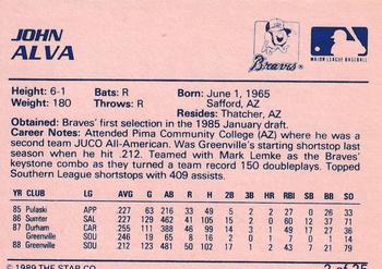 1989 Star Greenville Braves #2 John Alva Back