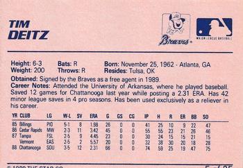 1989 Star Greenville Braves #5 Tim Deitz Back