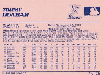 1989 Star Greenville Braves #7 Tommy Dunbar Back