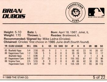 1989 Star Hagerstown Suns #5 Brian DuBois Back