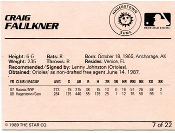 1989 Star Hagerstown Suns #7 Craig Faulkner Back