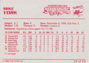 1989 Star Harrisburg Senators #23 Mike York Back