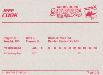 1989 Star Harrisburg Senators #7 Jeff Cook Back