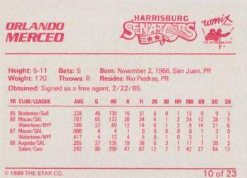 1989 Star Harrisburg Senators #10 Orlando Merced Back
