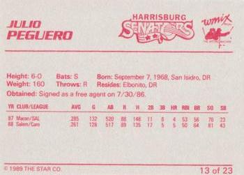 1989 Star Harrisburg Senators #13 Julio Peguero Back