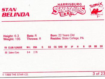 1989 Star Harrisburg Senators #3 Stan Belinda Back