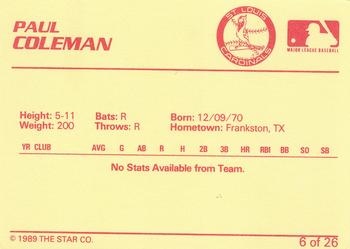 1989 Star Johnson City Cardinals #6 Paul Coleman Back