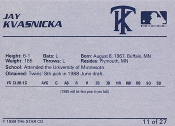 1989 Star Kenosha Twins #11 Jay Kvasnicka Back