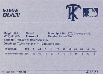 1989 Star Kenosha Twins #4 Steve Dunn Back